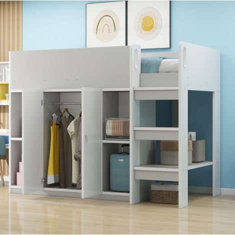 CHICFURN Cama alta infantil 90x200 cm de aglomerado gris con almacenaje integrado (1/5)