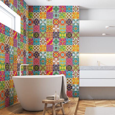 Sticker Mural Carrelage adhésif Cuisine Salle de Bain - 60 STICKERS CARREAUX DE CIMENT AZULEJOS NICOLO - 60stickers15x15cm (1/5)