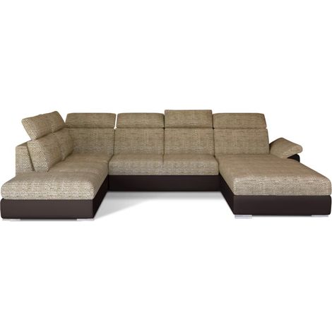 Canapé Convertible Panoramique LEVANO Tissu et Simili Cuir, Têtières à droite-Marron/Beige clair chiné-Coffre à droite (1/5)
