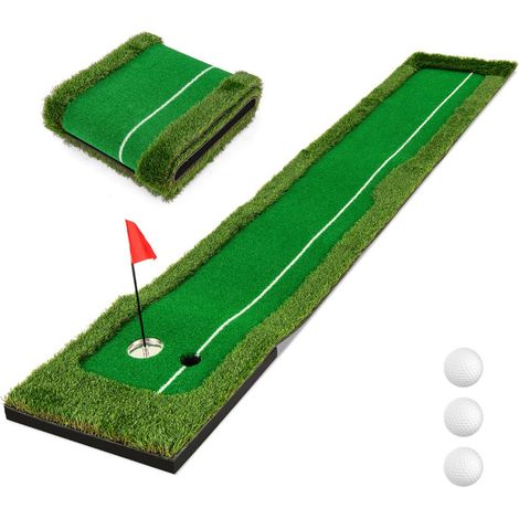 Tapis de putting golf 300 x 50 cm avec design à double trou et aide à l'alignement en gazon artificiel vert