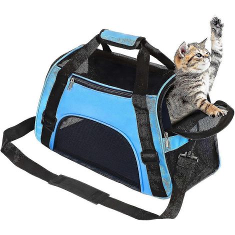 Sac de transport souple pour chats et chiens, homologué pour le transport aérien. Sac de transport portable et pliable bleu, confortable pour chats, chiens et chiots. (1/5)