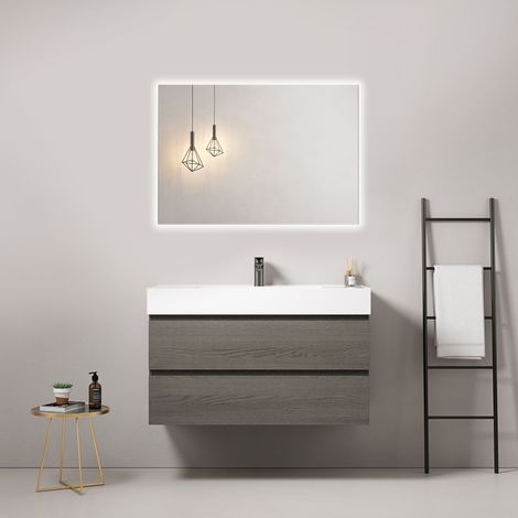 Mobile bagno sospeso 100 cm Grey Lavabo in Resina Specchio Quadro Retroilluminato - Fiji Wood