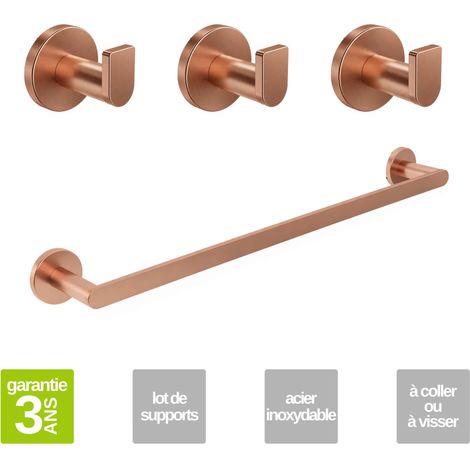 Porte serviette salle de bain 50cm et 3 Patères murale salle de bain  - acier inoxydable S.304 cuivré brossé - Fixation Collée ou Vissée (1/5)