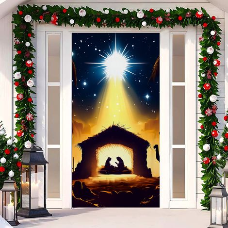 Rideau de porte de Noël 2026, bannière extérieure avec fond photo Père Noël et chien, tissu à suspendre - 90 x 180 cm (œillets + ruban) - 55