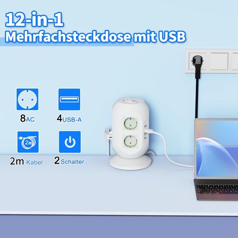 Regleta de enchufes todo en uno: 8 tomas de CA y 2 puertos USB con protección contra sobretensiones, cable de 2 m e interruptor doble para casa, oficina o dormitorio (blanco). (1/5)