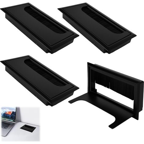 Ot De 4 Pièces Passe-câbles Carré 80x160 Mm Noir Anodisé en Aluminium avec Brosse Et Couvercle Relevable Organisateur De Câbles pour Bureau, Table Et Meuble Passage De Câbles sans Encombre (1/5)