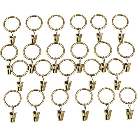 Lot de 40 anneaux de rideaux avec clips - Anneaux pour tringle à rideaux aspect laiton vieilli avec clips et pinces à rideaux en métal - Diamètre intérieur de 25 mm (1/5)