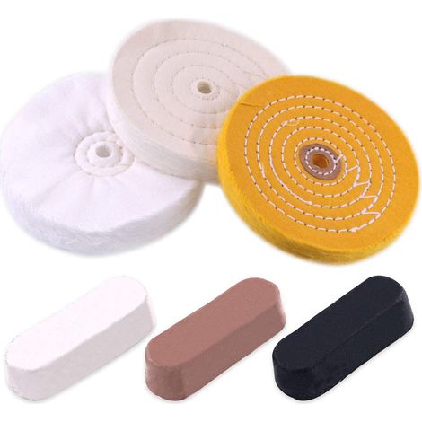 6-teiliges Polier- und Schleifset inklusive verschiedener 6-Zoll-Polierscheiben mit 1/2-Zoll-Schaftbohrung, schwarzem Schmirgelpapier, braunem Tripolierpapier und weißem Schleifpapier. (1/4)