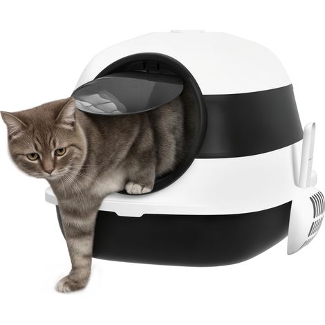 Toilettes chat fermees, bac plastique flexible, accessoires nettoyage, noir blanc, 52x41x38cm (1/5)