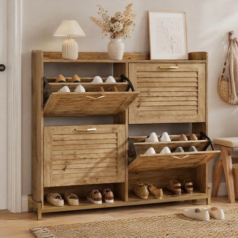 Zapatero (108.5x24x100 cm), con 4 puertas, estante superior, estructura metálica, MDF color madera (1/5)