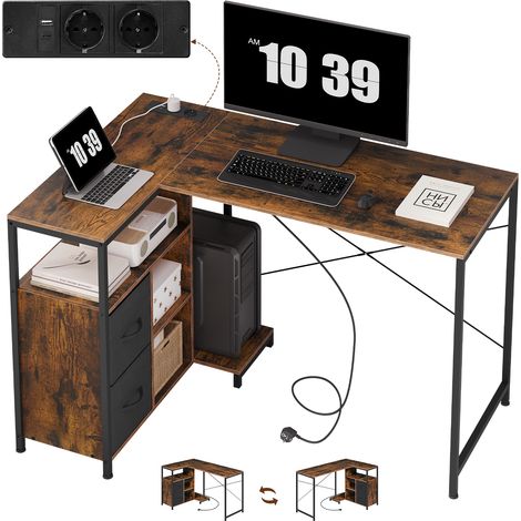 Woltu – Bureau d'angle 120x80 cm – Table d'ordinateur avec étagère réversible – Multiprise avec 2 prises AC et USB – Cadre en métal marron rustique (1/5)