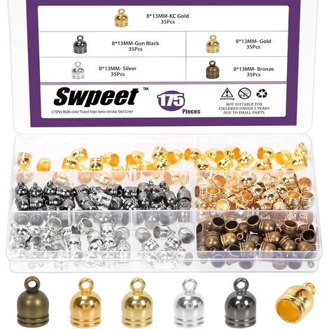 200 Pièces Kit de 5 Couleurs d'Embouts de Cordon pour Pompon 8×13 mm avec Anneau, Capsules pour Extrémités de Cuir, Connecteurs Cylindriques à Coller pour Cuir, Capsules-Perles pour Extrémités (1/5)