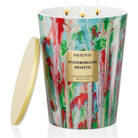 Grande bougie parfumée en verre avec 3 mèches, 150h de combustion, 990g de cire de soja, Pastèque