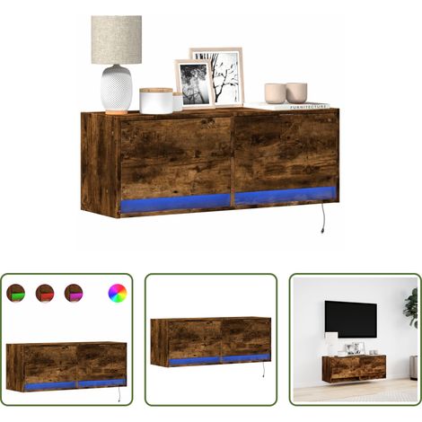 Armoire TV murale - Meuble TV mural avec lumières LED chêne fumé 100x31x35 cm (1/5)