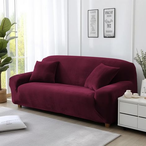 Housse de canapé en velours extensible, deux places (145-185 cm), rouge foncé. (1/5)