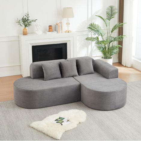 Canapé d’angle modulable en velours côtelé gris 220 cm avec 3 coussins et accoudoirs courbés (1/5)