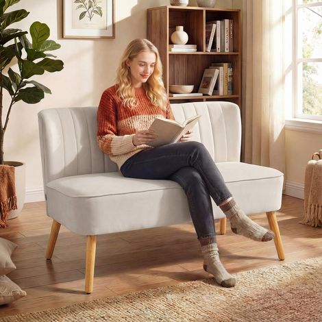 Canapé rétro 2 places jambes en bois 117 cm x 56 5 cm x 77 cm - Couleur: Blanc, Crème