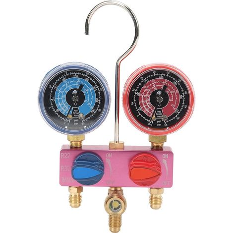 Manifold Diagnostic Climatisation avec Double Manomètre, avec Hublot et Robinets à Billes, pour Réfrigérants R22, R32 et R410a, pour Diagnostic, l'Entretien Système Climatisation Automobile (1/5)