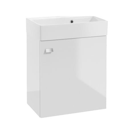 Wandhängender Badezimmerschrank mit Waschbecken 60 x 50 cm. Weiß Hochglanz, Chromgriff. Elara