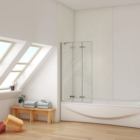 Mampara de bañera plegable con bisagra 3 hojas (dos giratorias y otra fija) sin marco exterior, 6mm cristal templado, barra de sujeción incluida, 140x100cm