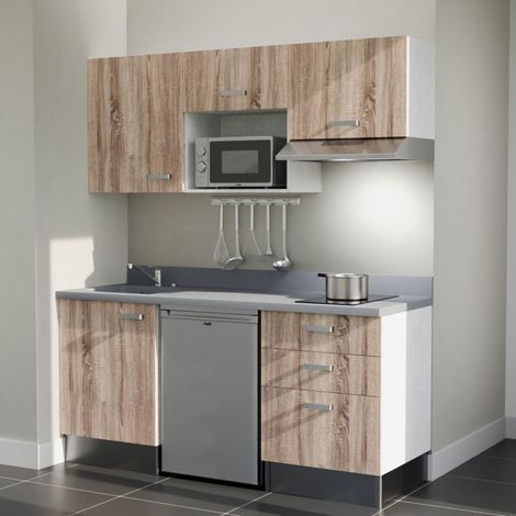 Kitchenette K20L - 180 cm - plan monobloc évier intégré Cromo- évier à gauche - Façades Bois + Electroménager inclus coloris Inox (1/5)