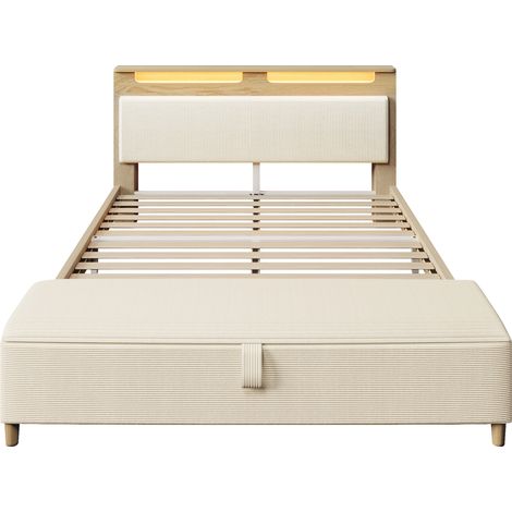 Letto matrimoniale 140 x 200 cm con panca contenitore, testiera LED, beige e rovere chiaro HOMVRA (1/5)