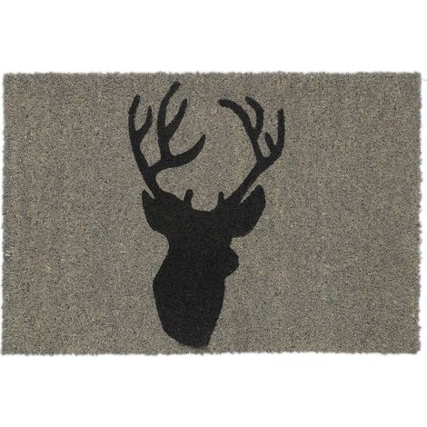 Relaxdays Felpudo Coco, Tapete Puerta Motivo Ciervo, 40x60cm, Antideslizante, Resistente, Interior, Exterior, Gris/Negro