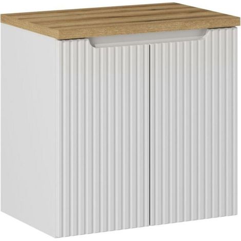 Wandhängendes Badezimmer-Set VANO weiß 60cm: Unterschrank mit Schränken + Waschtischplatte in heller Eichenoptik