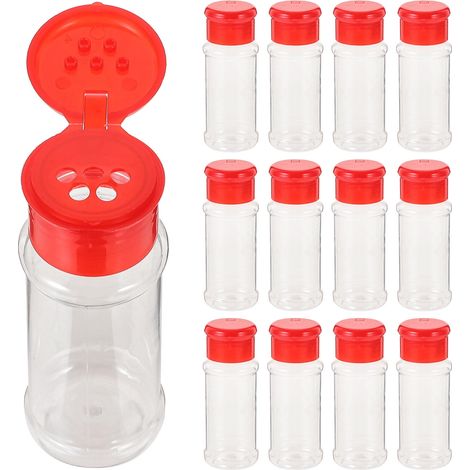 Lot de 12 pots à épices, sel et poivre en plastique rouge, pour barbecue et autres condiments. (1/5)