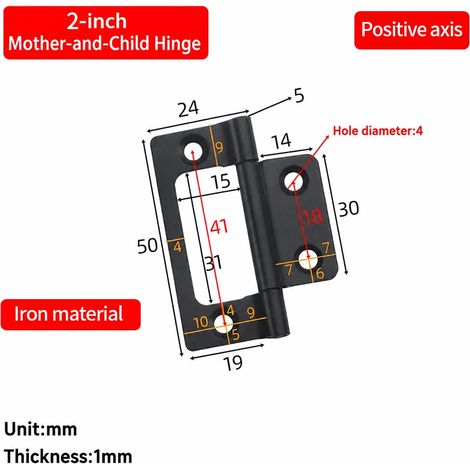 Charnière de porte mère-enfant simple en acier inoxydable (2 pouces, noir fer), 1 pièce, sans découpe, à pivot silencieux, pour engins de chantier, meubles et armoires. (1/5)