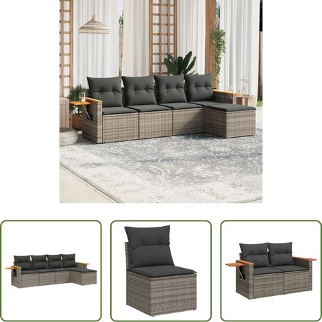 vidaXL Rattanmöbel - 5-tlg. Garten-Sofagarnitur mit Kissen Grau Poly Rattan (1/5)