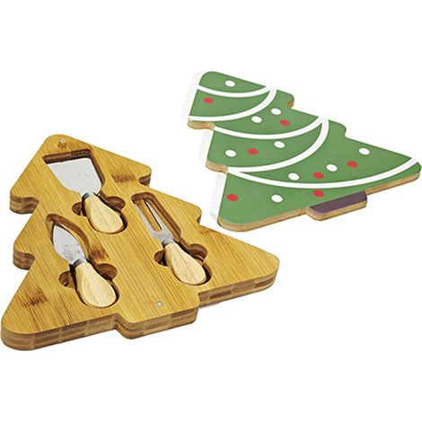 Tagliere in Legno di bambu con 3 Coltelli per Formaggi e Salumi Natalizio a Forma di albero di Natale Taglia e Servi Idea Regalo Natale Elegante e Originale