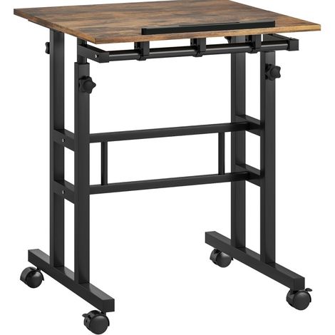 Bureau réglable en hauteur avec roulettes et tablette marron rustique 60 x 60 x 70,5-120 cm (1/5)