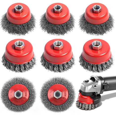 Lot de 8 brosses métalliques pour meuleuse d'angle, brosse métallique, meuleuse d'angle 75 mm et 100 mm, brosse en acier, visseuse sans fil pour modèles M14, accessoires pour meuleuse d'angle pour (1/5)