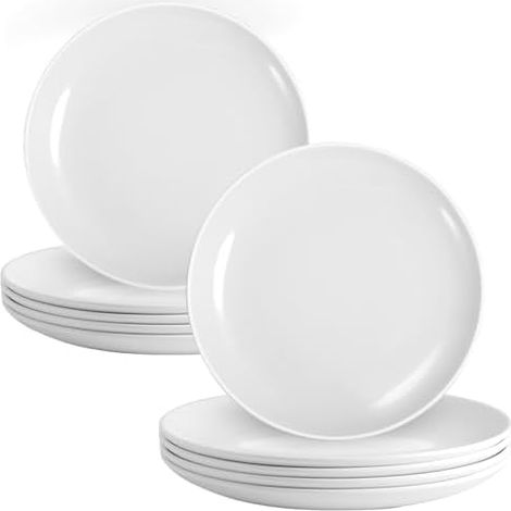 Lot de 6 assiettes blanches en plastique réutilisables de 22 cm - Assiettes plates réutilisables - Assiettes à salade rondes - Pour jardin, pique-nique, incassable (1/5)