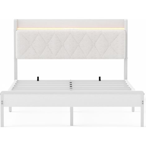 Letto matrimoniale 140 x 190 cm con testiera imbottita, LED, USB e prese, bianco (1/5)