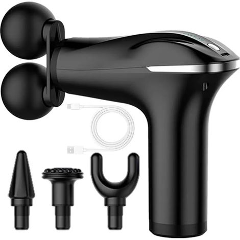 Pistolet de massage électrique pour muscles, double tête, 6 modes réglables, noir-AquaForge
