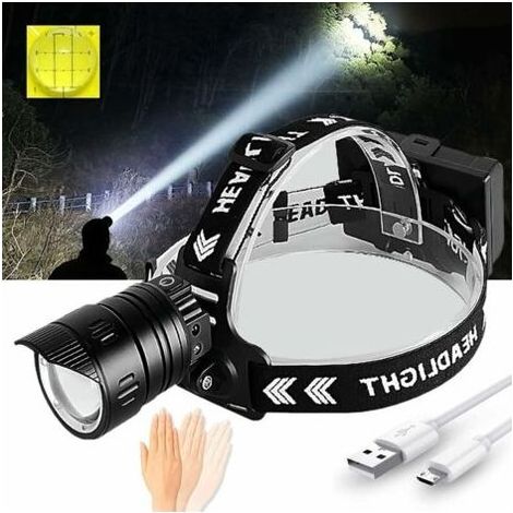 Superhelle 10000 Lumen Stirnlampe, XHP90.2 USB-wiederaufladbare Stirnlampe mit Bewegungssensor, 3 Leuchtmodi, Zoomfunktion für Jagen, Camping, Angeln und Wandern [Energieklasse (1/4)