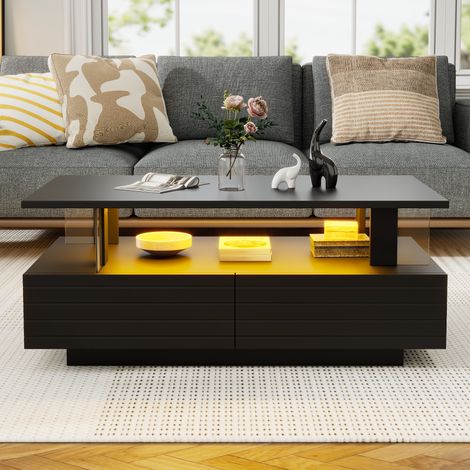 Table basse rectangulaire - LED - 100x50x42 cm - avec rangement intégré - double plateau - Acrylique - Noir (1/5)
