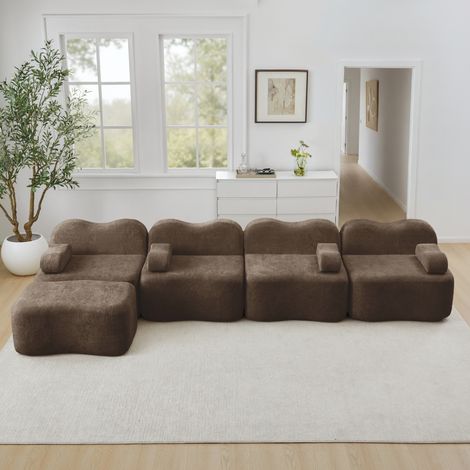 Sofá modular esquinero 384x167x70 cm marrón en terciopelo con otomana y diseño ondulado (1/5)
