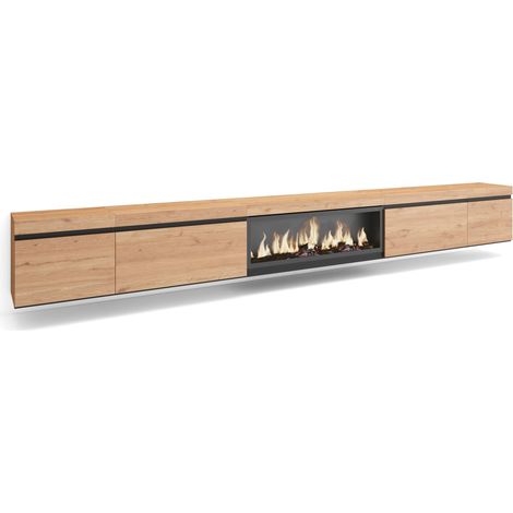 Skraut Home – Meuble TV suspendu avec cheminée électrique LED – Grand rangement chêne noir – Dimensions 368x35x45cm – Style moderne (1/5)