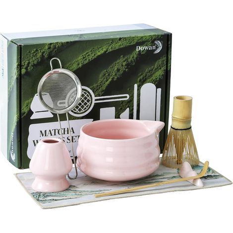 Matcha Set, 7-Piece Matcha Set, Green Matcha Accessories, Ceramic Matcha Whisk Set, Matcha Bowl with Spout, Matcha Kit with Bamboo Whisk, Matcha Gift Box, Pink
