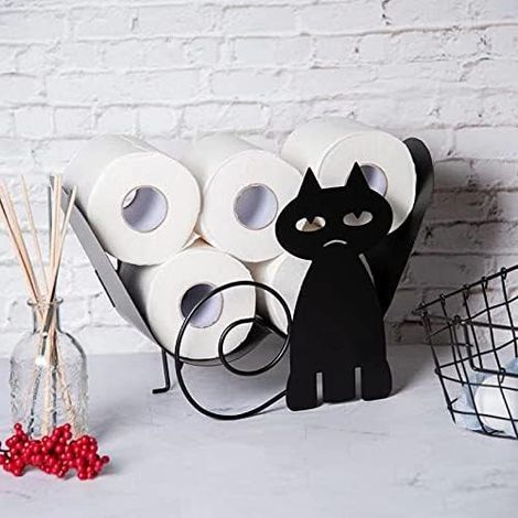 GENERIC-Porte-Papier hygiénique en Forme de Chat，Porte-Papier hygiénique 2 en 1 Mural et Debout， Toilette Porte-Papier en métal Noir，7 volumes de Grande capacité，comme des Nuages ​​Doux et Moelleux (1/5)