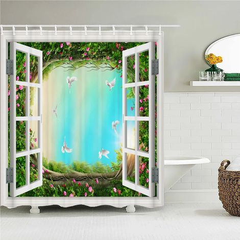 Rideau de douche imprimé en 3D, motif forêt, 180 x 200 cm, imperméable et lavable, avec crochets, L 240 x H 180 cm