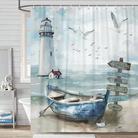 Rideau de douche, ensemble rideau de douche phare de plage océanique, bord de mer, voile, bleu sarcelle