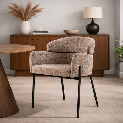 Esszimmerstuhl Chenille Taupe mit abgerundetem Rücken und Arm –