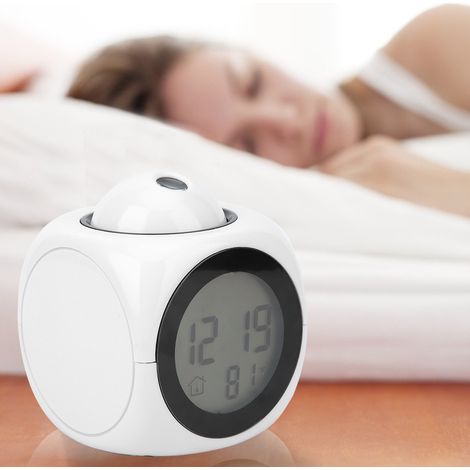 Réveil à projection vocale LCD moderne blanc avec câble USB, horloge parlante, batterie AAA, 8x8x9 cm (1/5)