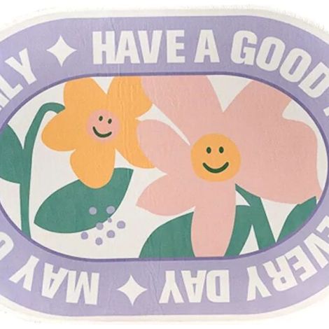 Tapis de sol/paillasson en velours cristal à motifs abstraits colorés de visages souriants et de fleurs, absorbant l'eau, pour salle de bain, antidérapant, 340 x 60 cm (1/5)