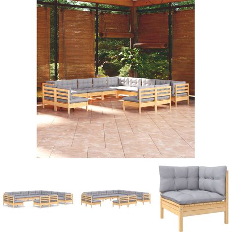 The Living Store - 13-tlg. Garten-Lounge-Set mit Grauen Kissen Massivholz Kiefer (1/5)