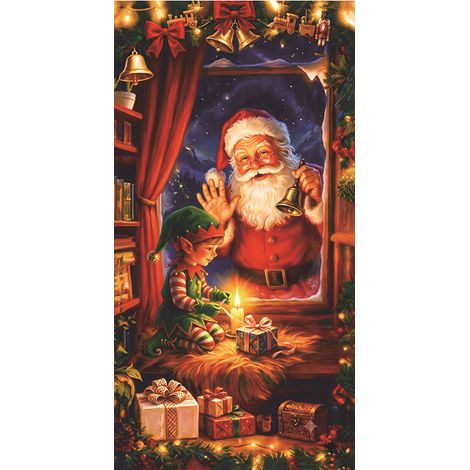 Décoration de porte de Noël neuve, motif cadeau du Père Noël, ambiance festive garantie - 90 x 180 cm (perforée + ruban) - 17